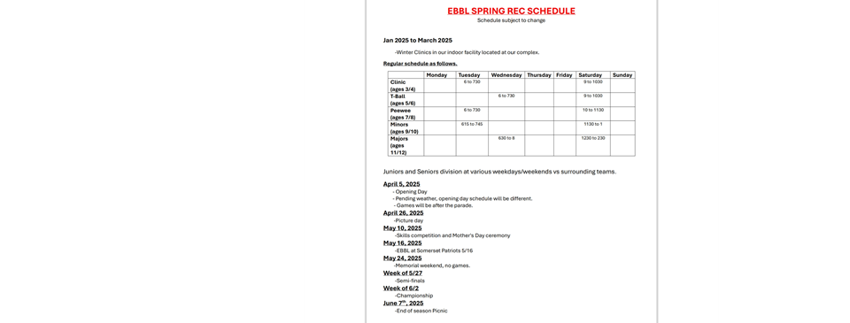 Spring REC Schedule